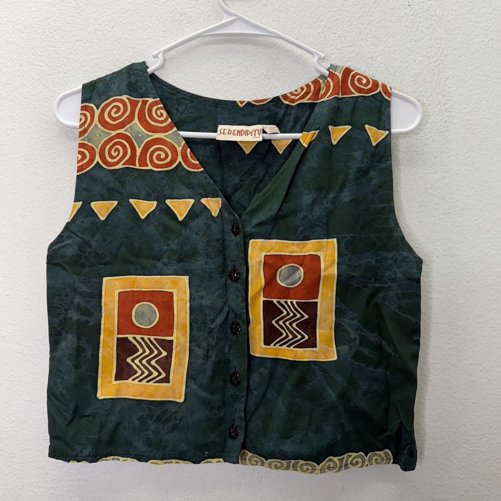Vintage 90s Serendipity Maui Size S Tribal Batik Rayon Crop Vest Boho Festival